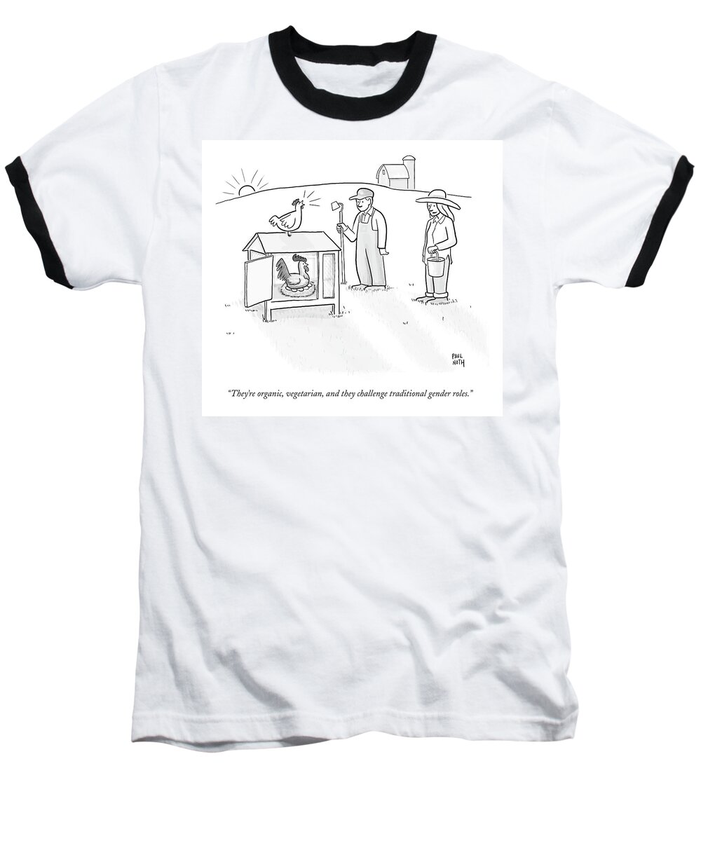 Farming Baseball T-Shirt featuring the drawing Two Farmers Observe A Rooster Warming The Eggs by Paul Noth
