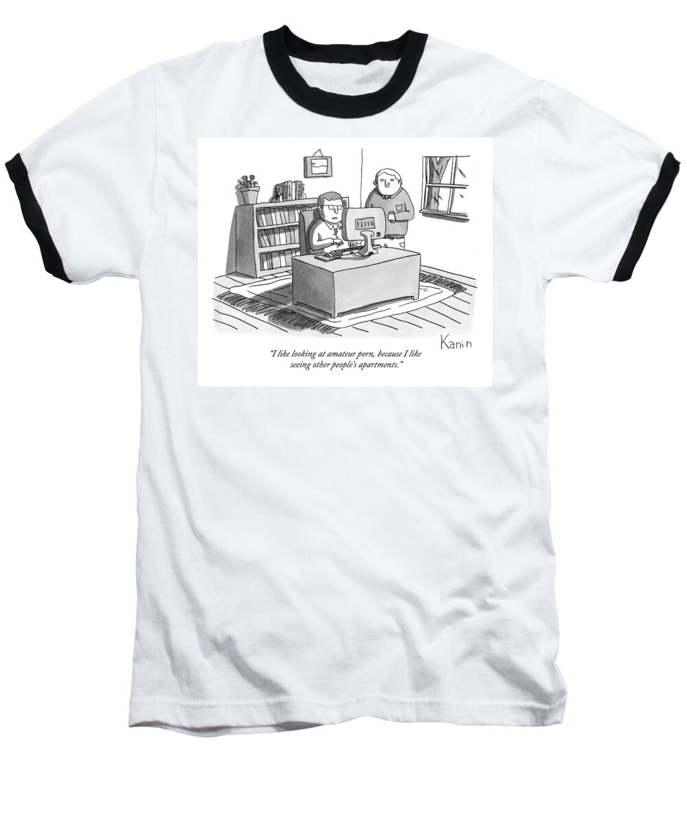 Pornography Baseball T-Shirt featuring the drawing Two Guys Look At A Computer by Zachary Kanin