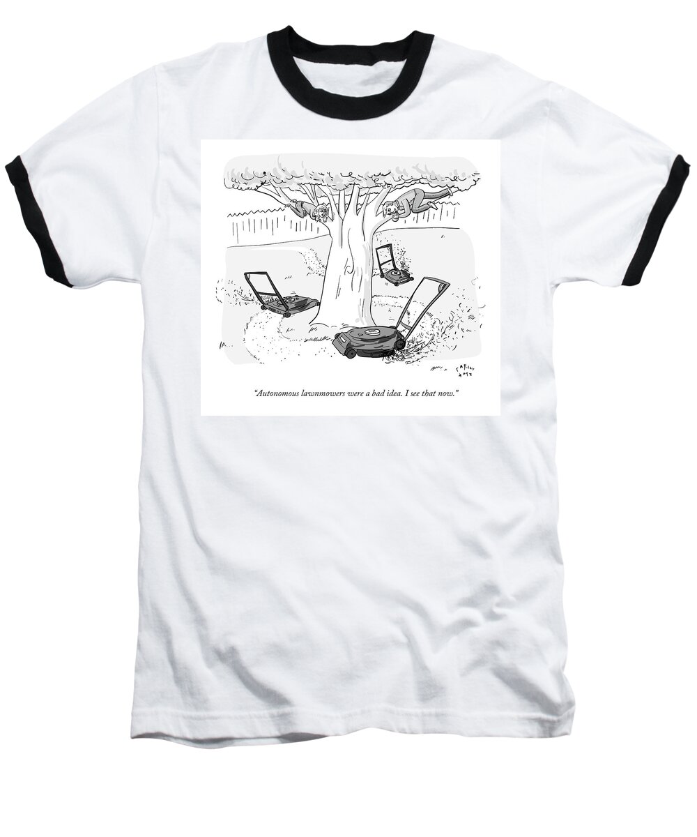 
Robots Baseball T-Shirt featuring the drawing Two Individuals Cling To Tree Branches As Three by Farley Katz