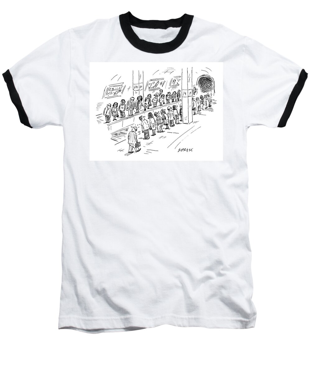 Subway Baseball T-Shirt featuring the drawing Two Lines Of People Await The Subway by David Sipress