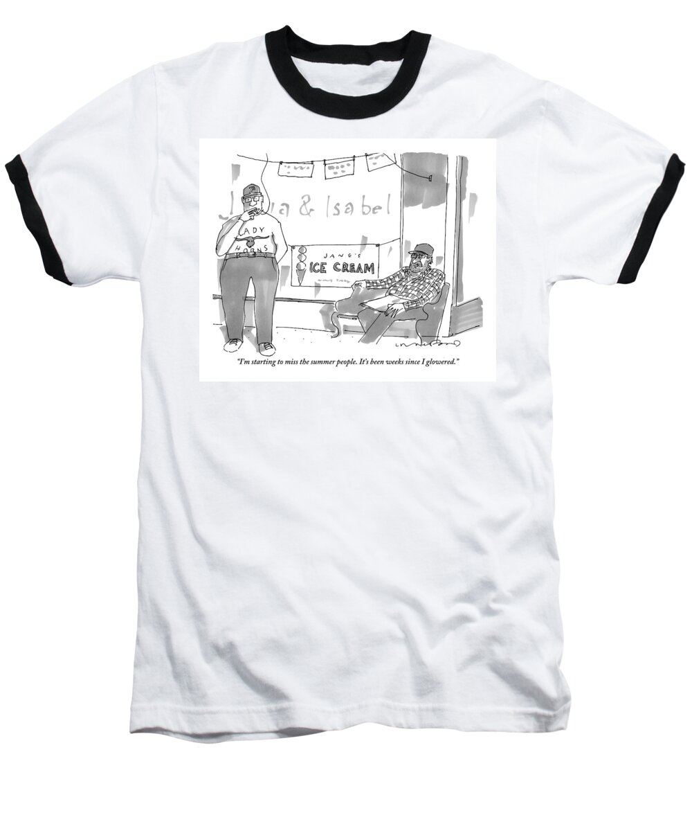Vacation Baseball T-Shirt featuring the drawing Two Men Sit Outside An Ice Cream Shop Smoking by Michael Crawford