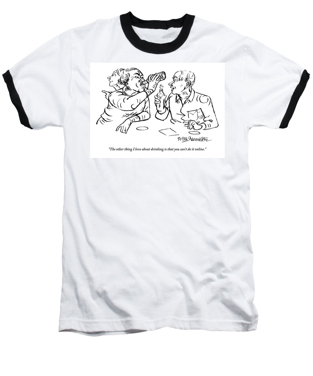 Internet Baseball T-Shirt featuring the drawing Two Men Talk In A Bar Holding Beer Bottles by William Hamilton