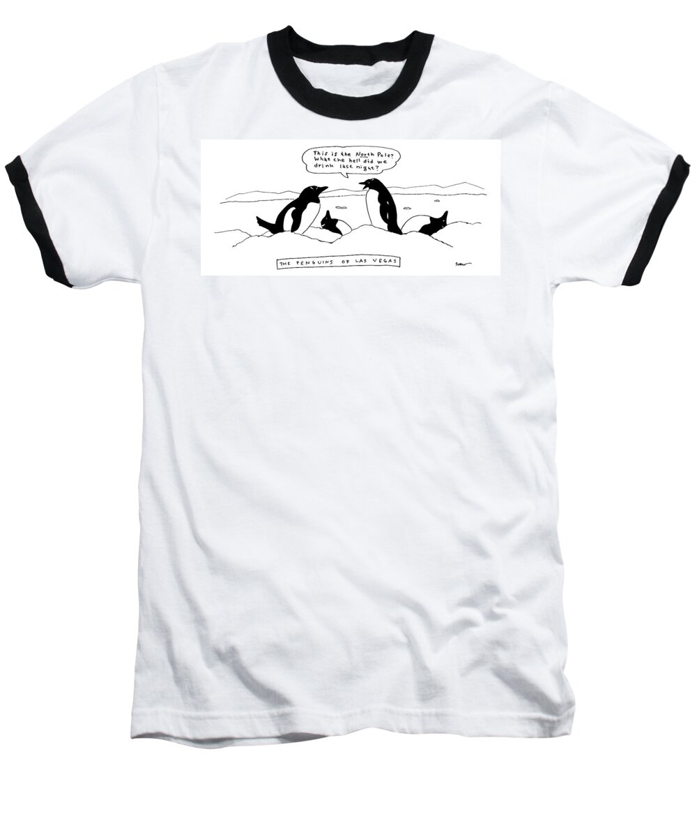 The Penguins Of Las Vegas Baseball T-Shirt featuring the drawing Two Penguins Are Seen Talking In The Snow Next by Michael Shaw