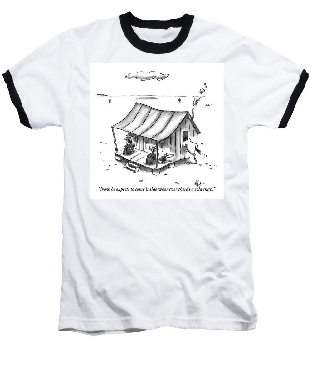 Horses Baseball T-Shirt featuring the drawing Two People Are Seen Sitting On A Porch Of A Small by Frank Cotham