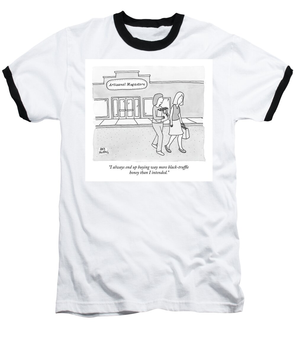 Artisanal Megastore Baseball T-Shirt featuring the drawing Two Women Holding Shopping Bags Are Leaving by Amy Hwang