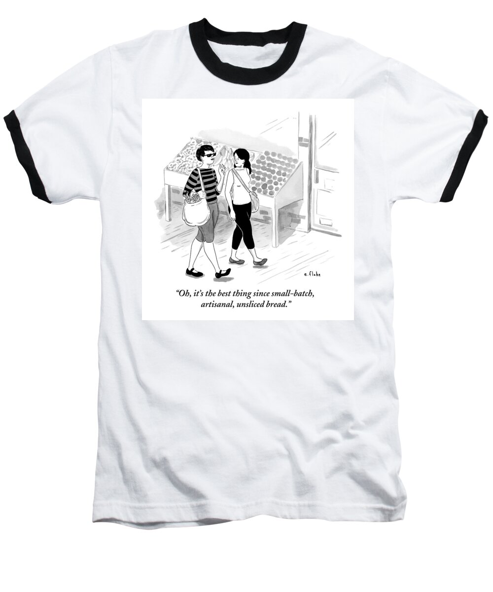 Food Baseball T-Shirt featuring the drawing Two Women Talking In Front Of A Grocery Where by Emily Flake