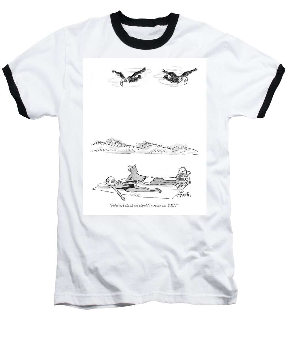 Swimming Baseball T-Shirt featuring the drawing Valerie, I Think We Should Increase Our S.p.f by Edward Frascino