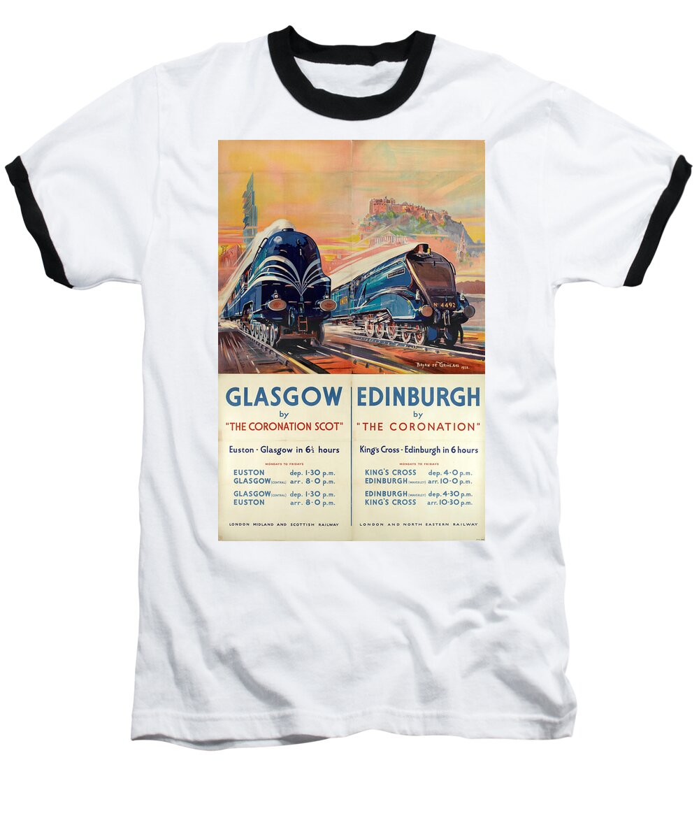 Glasgow Baseball T-Shirt featuring the digital art Vintage Train Travel - Glasgow and Edinburgh by Georgia Clare