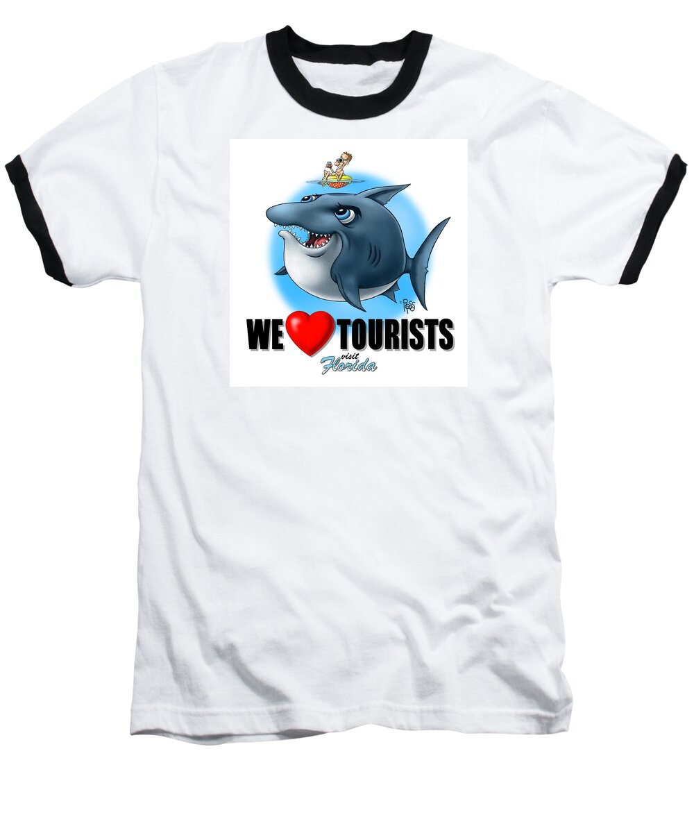 Animals Baseball T-Shirt featuring the digital art We Love Tourists Shark by Scott Ross