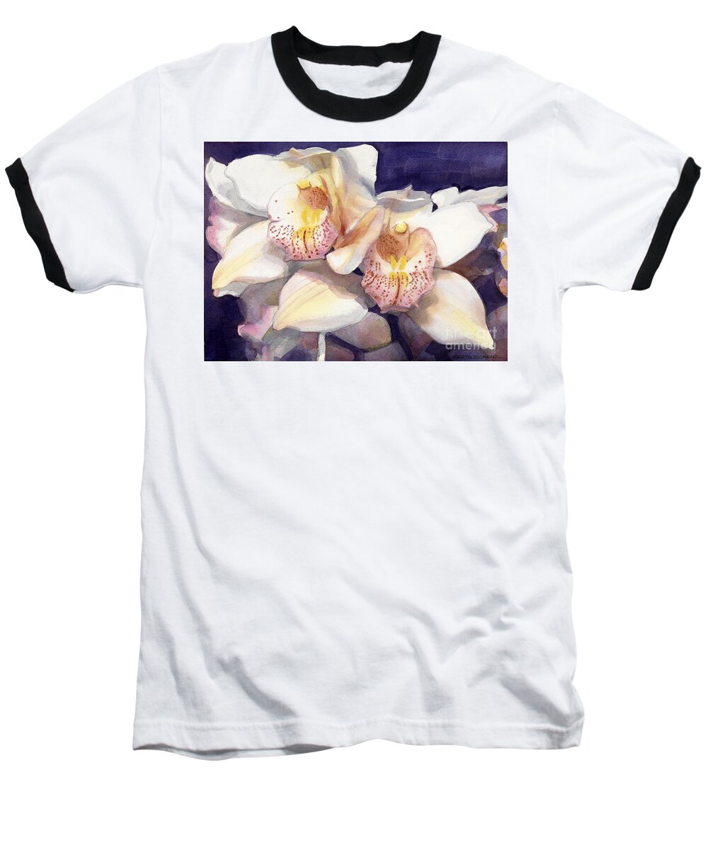 White Orchids Baseball T-Shirt featuring the painting White Orchids in Watercolor by Greta Corens