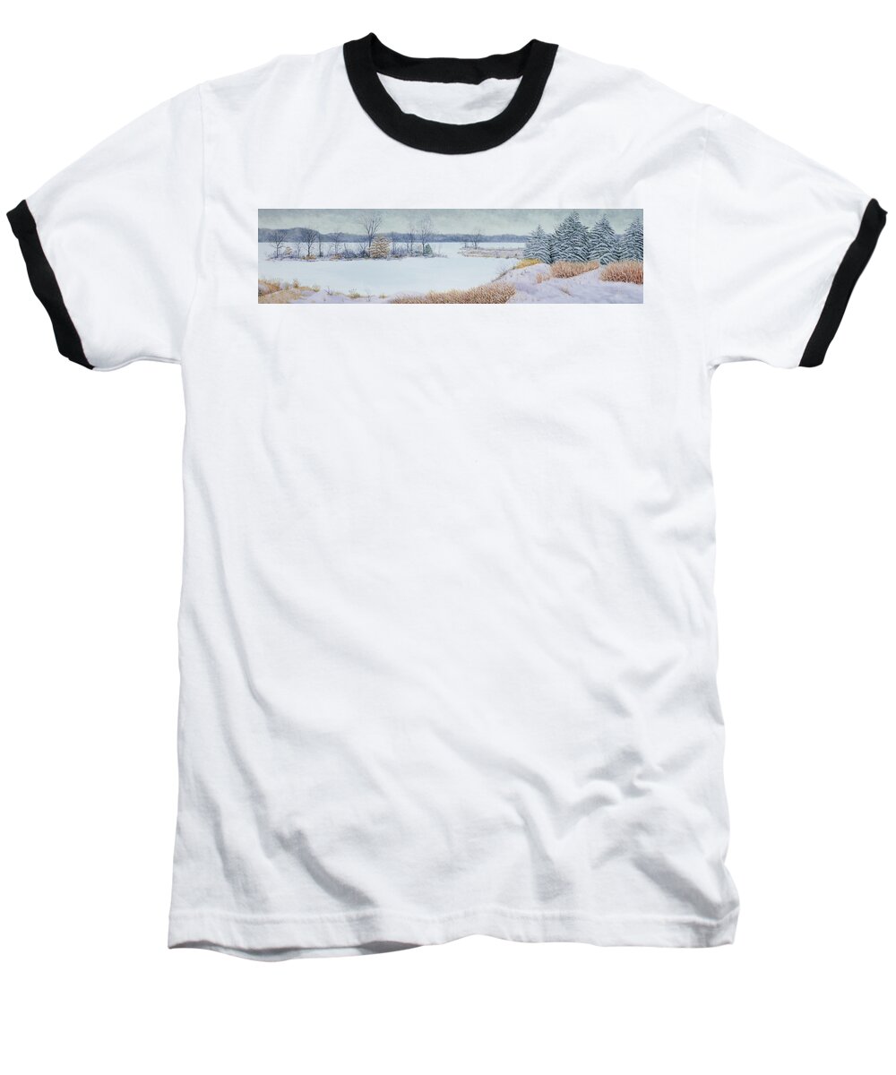 Panorama Baseball T-Shirt featuring the painting Winter Lake and Cedars by Garry McMichael