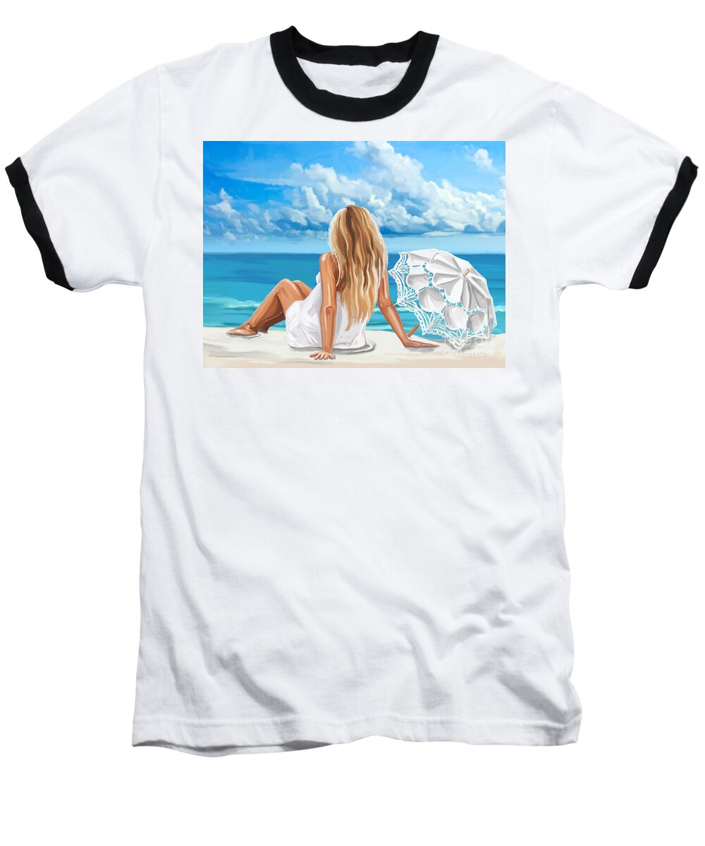 Woman Baseball T-Shirt featuring the painting Woman at the Beach by Tim Gilliland