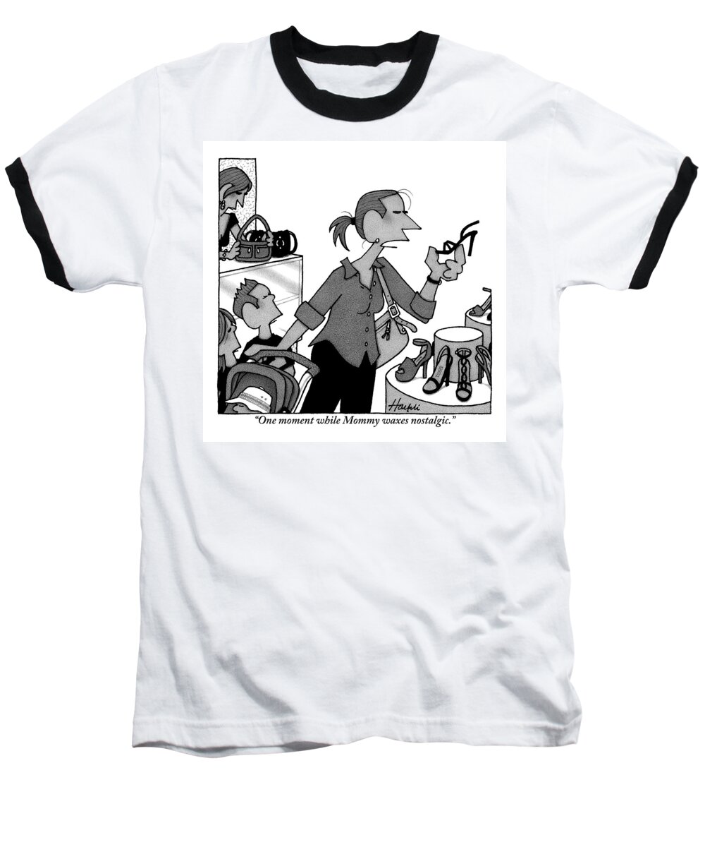Shows Baseball T-Shirt featuring the drawing Woman Picking Up A High Heel In A Department by William Haefeli