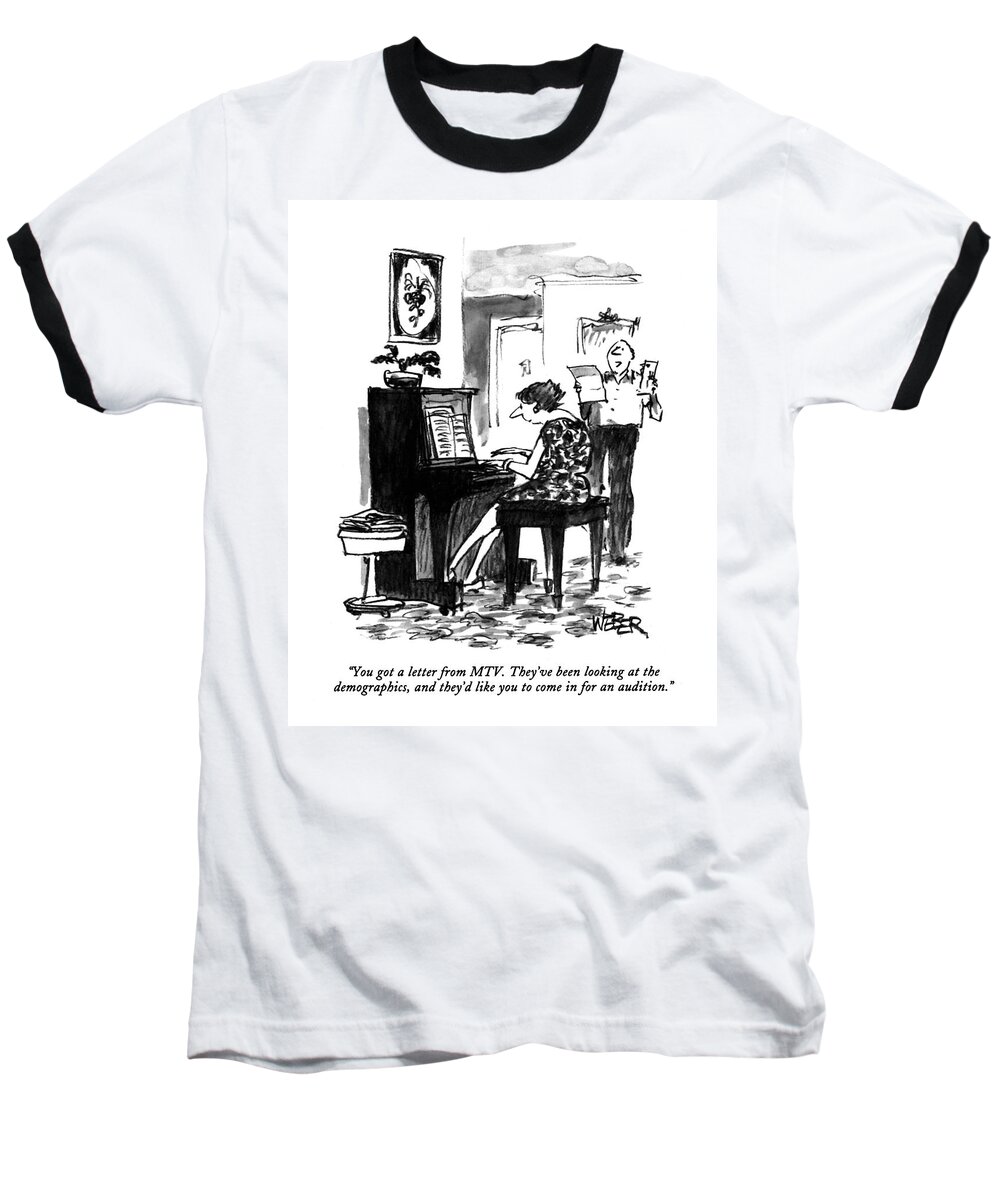 
(man Reads A Letter To His Wife Who Is Playing The Piano)
Entertainment Baseball T-Shirt featuring the drawing You Got A Letter From Mtv. They've Been Looking by Robert Weber