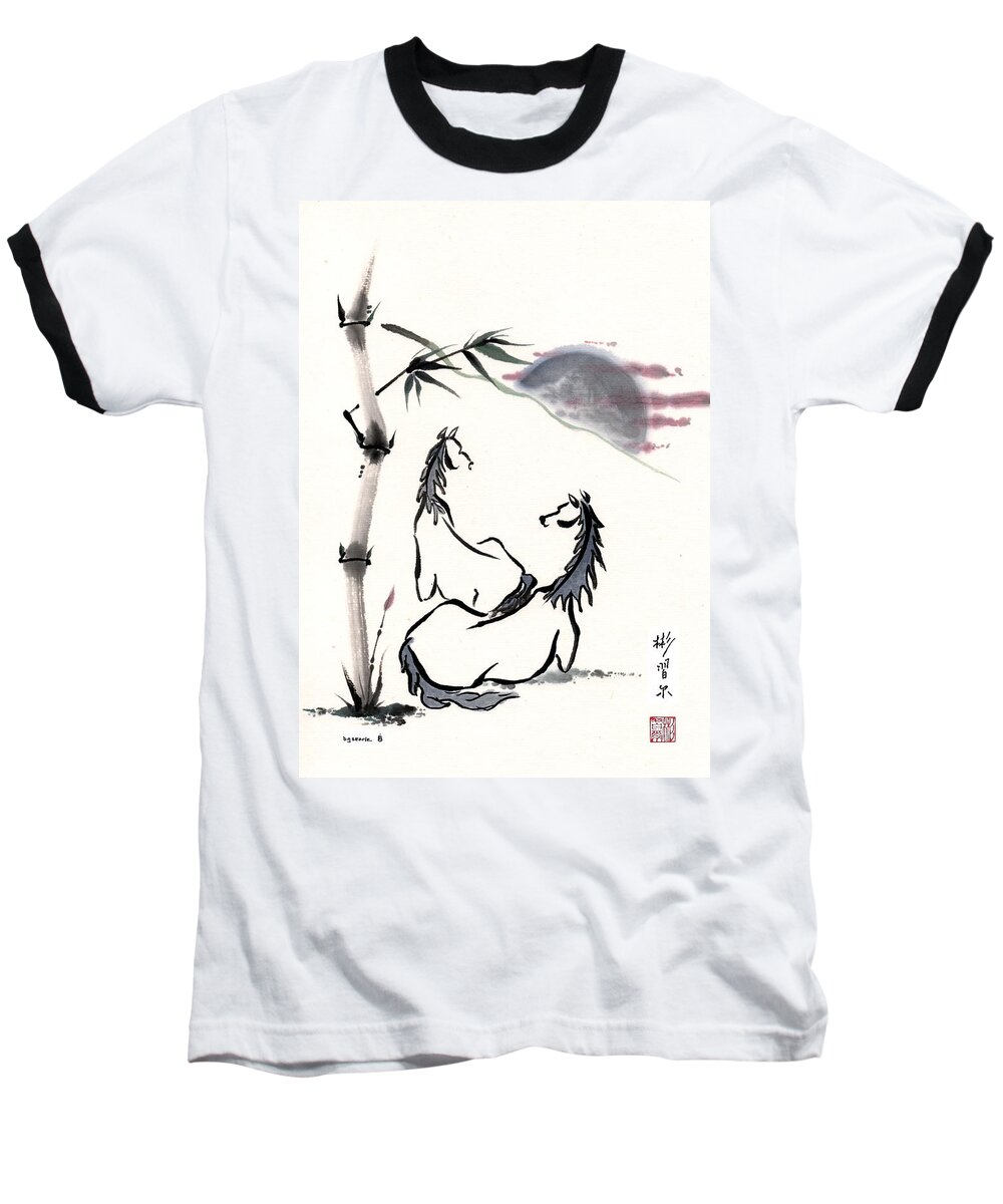 Chinese Brush Painting Baseball T-Shirt featuring the painting Zen Horses Evolution of Consciousness by Bill Searle