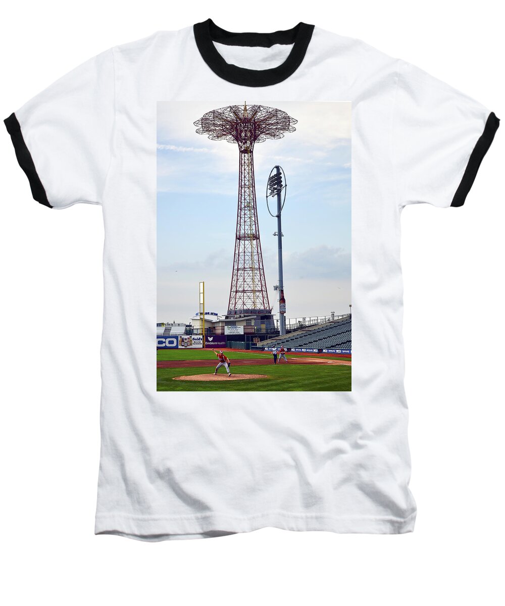 Cyclones Stadium Baseball T-Shirt featuring the photograph 13 Year Old Pitching at Coney Island Cyclones Stadium by Maureen E Ritter