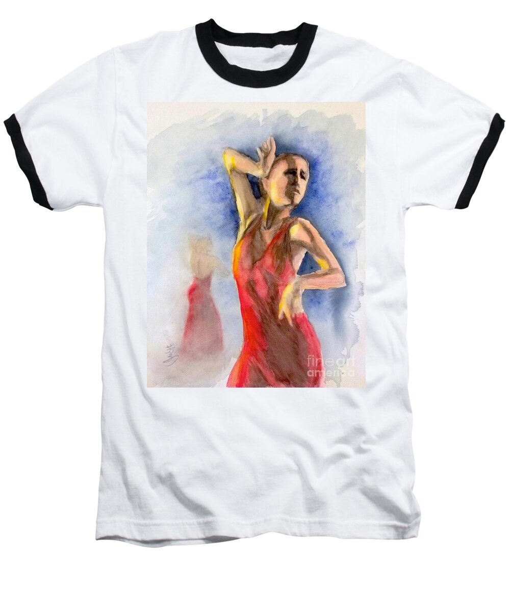 Flamenco Baseball T-Shirt featuring the painting A Flamenco Dancer 2 by Yoshiko Mishina