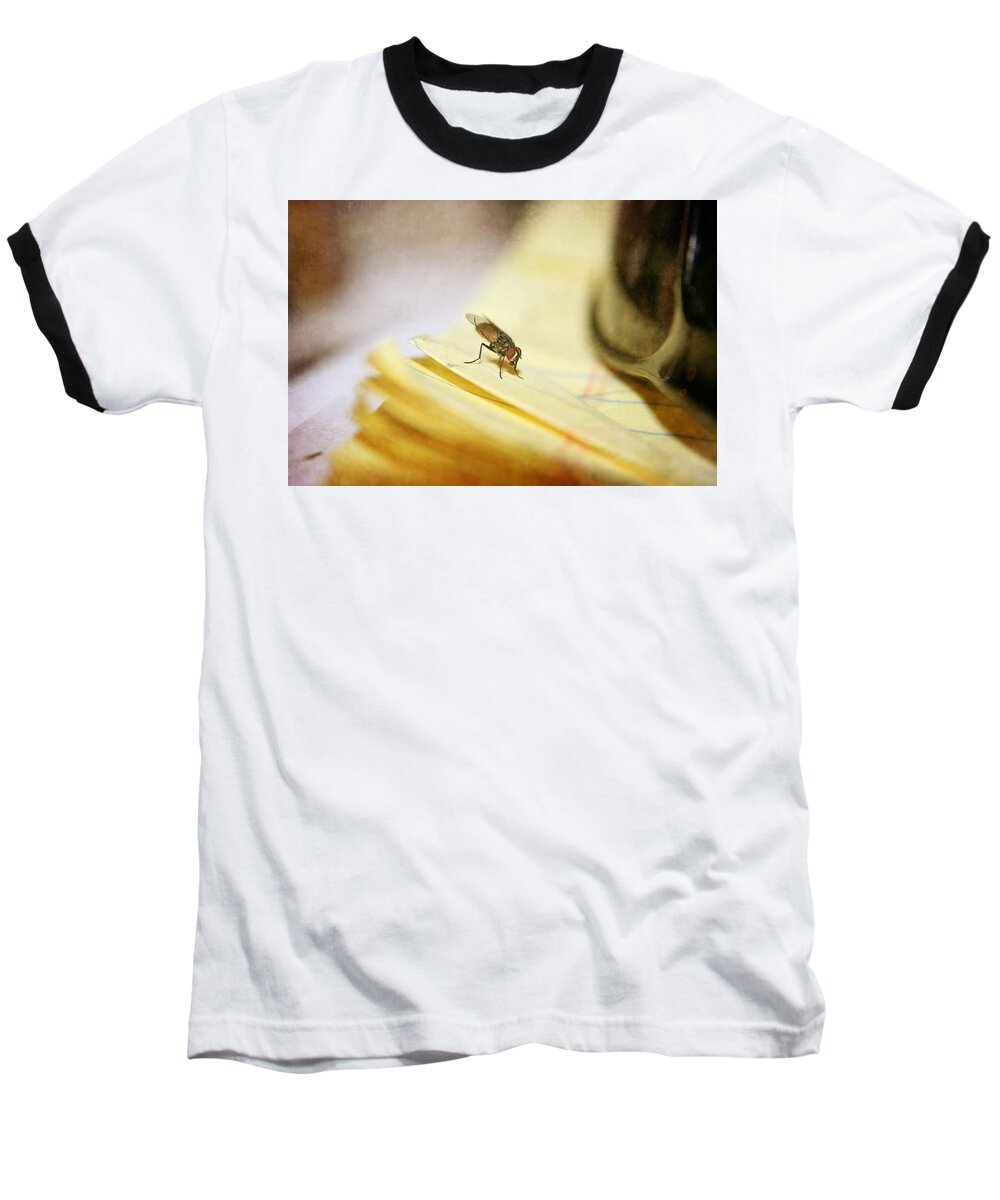 Fly Baseball T-Shirt featuring the photograph A Red Eyes Fly on the Yellow Paper by Ester McGuire