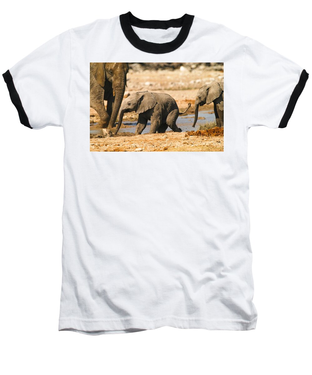 A Baby Elephants Play Baseball T-Shirt featuring the photograph Chase me by Alistair Lyne
