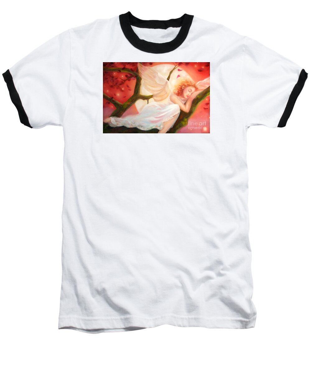 Angel Baseball T-Shirt featuring the painting Dreams of Strawberry Moon by Michael Rock