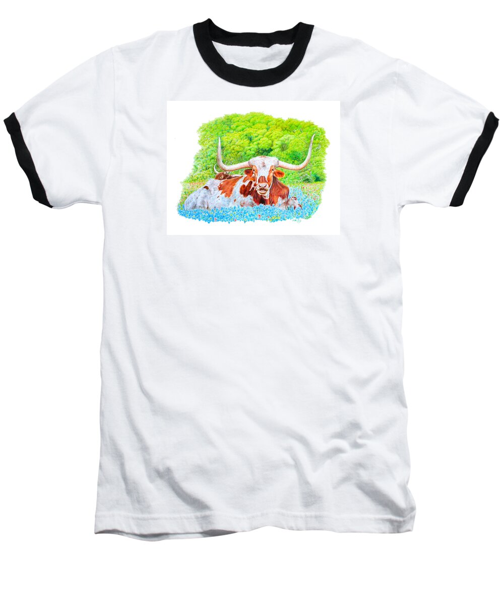 Animal Baseball T-Shirt featuring the drawing Longhorns in Bluebonnets by Mike Ivey