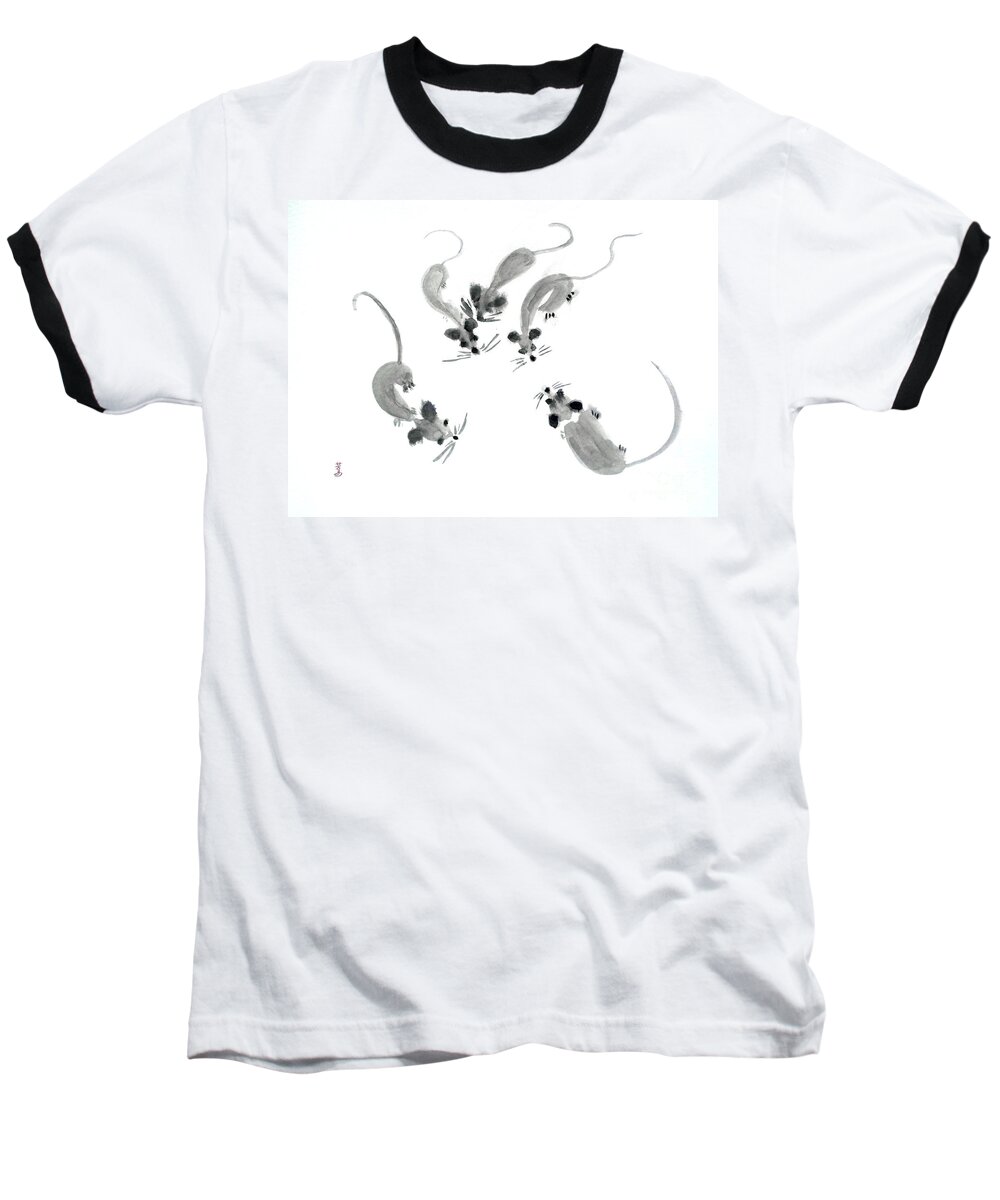 Mice Baseball T-Shirt featuring the painting Mice - Sumie Style by Yoshiko Mishina