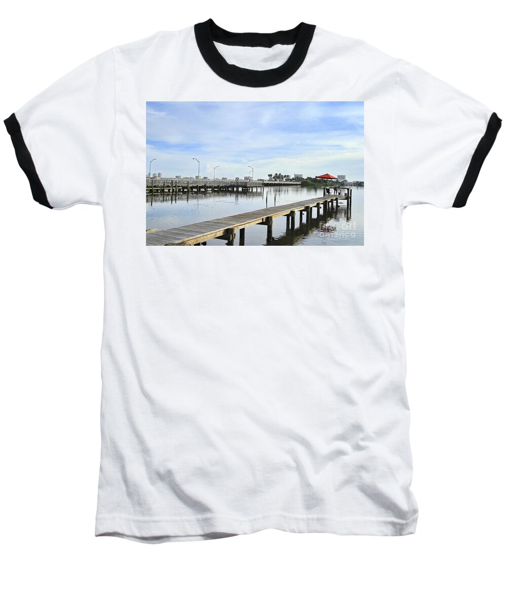 Waterscape Baseball T-Shirt featuring the photograph Morning On The Dock by Deborah Benoit
