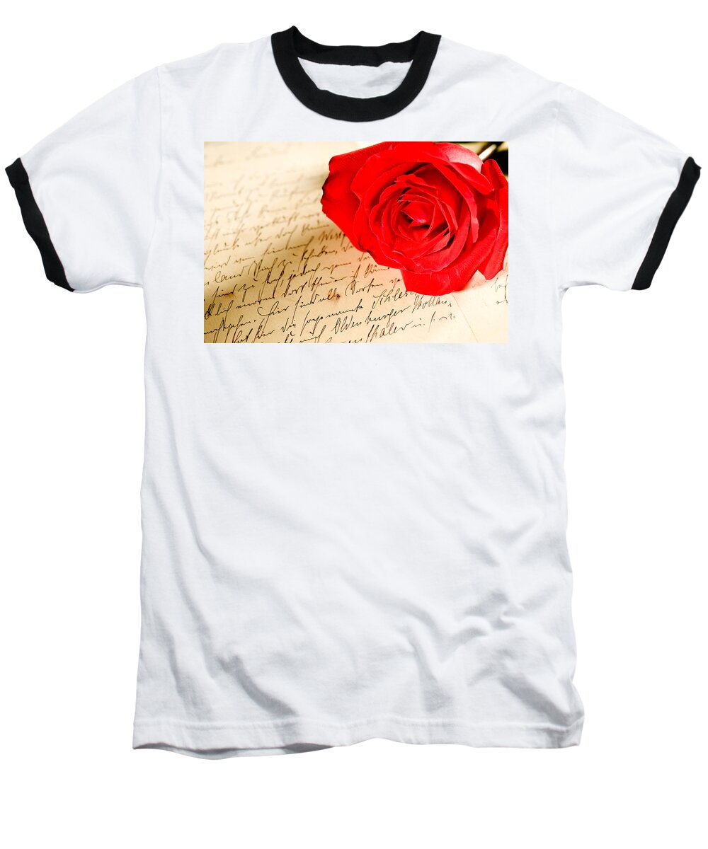 Alliance Baseball T-Shirt featuring the photograph Red rose over a hand written letter by U Schade