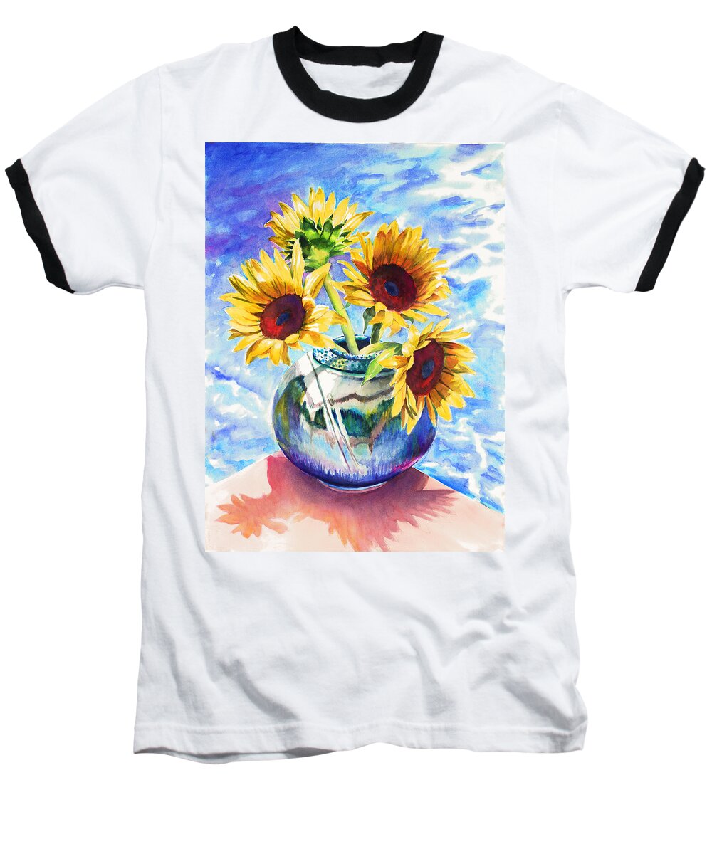 Still Life Baseball T-Shirt featuring the painting Sunflowers Sunbathing by Nancy Tilles