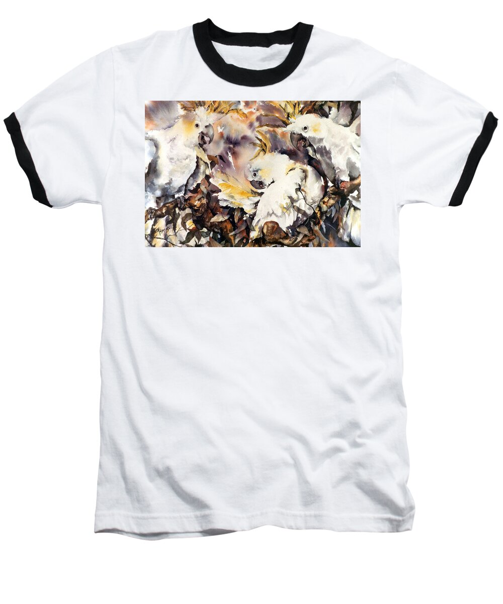 Sulphur Crest Cockatoos Baseball T-Shirt featuring the painting Two's Company by Rae Andrews