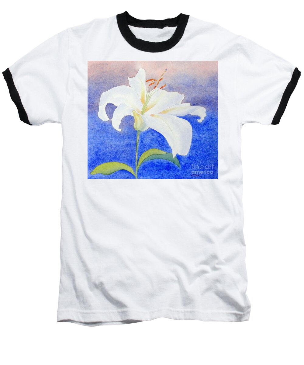 White Baseball T-Shirt featuring the painting White Lily by Laurel Best