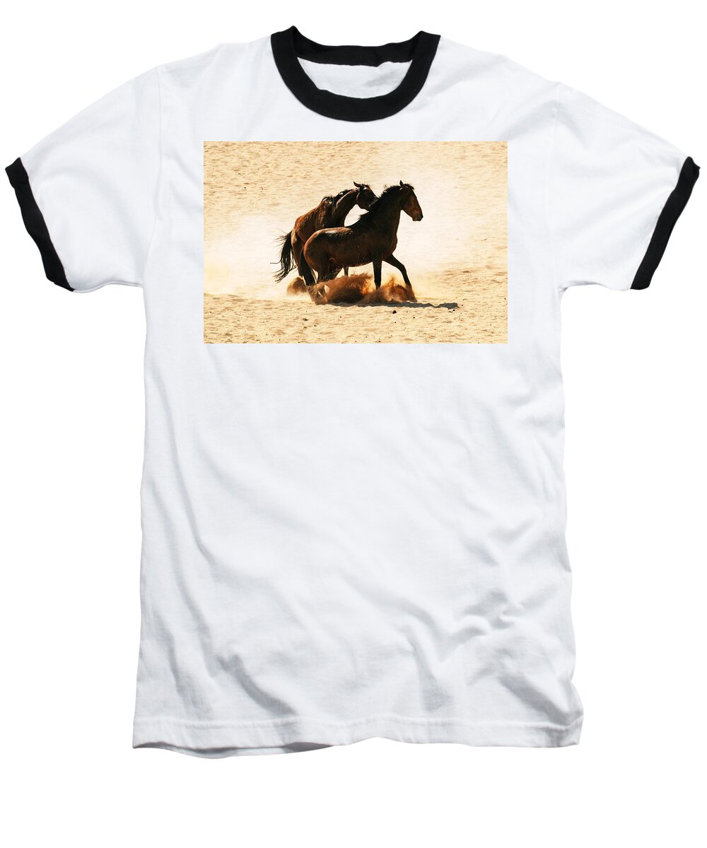 Action Baseball T-Shirt featuring the photograph Wild stallion clash 3 by Alistair Lyne