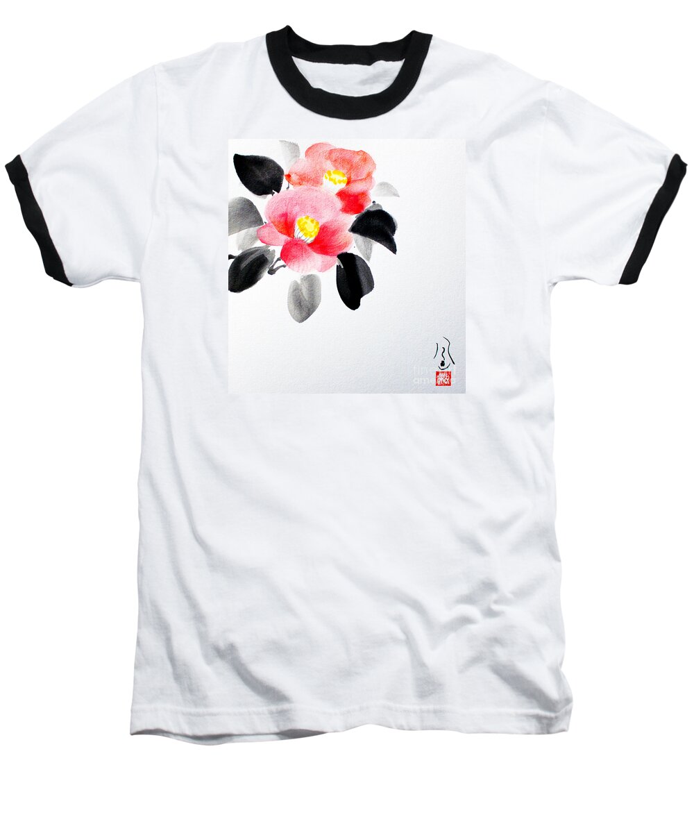 Japanese Baseball T-Shirt featuring the painting Camellia / Tsubaki #1 by Fumiyo Yoshikawa