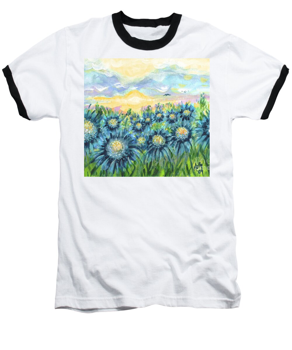 Fields Baseball T-Shirt featuring the painting Field of Blue Flowers by Holly Carmichael