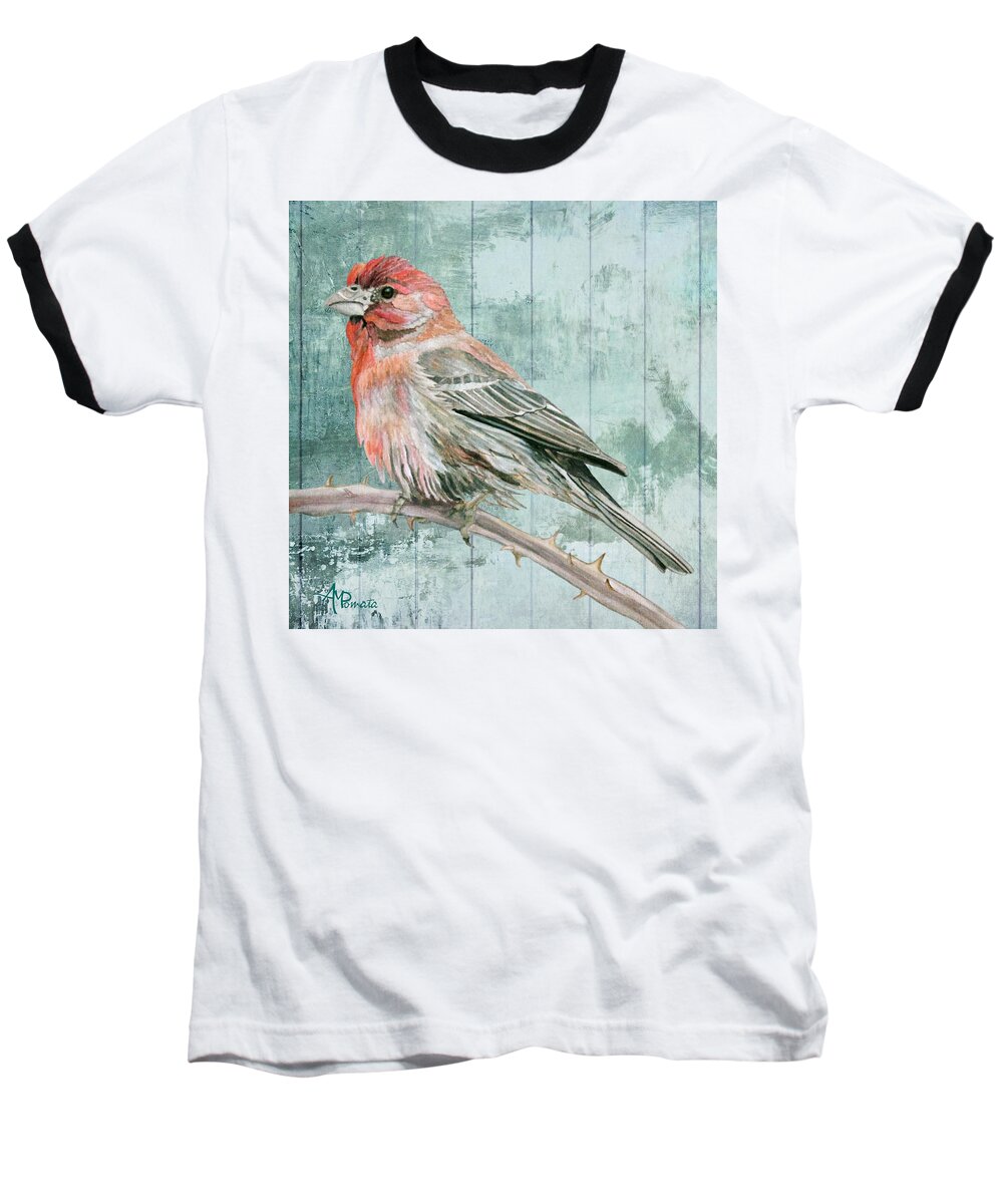Finch Baseball T-Shirt featuring the painting House Finch by Angeles M Pomata
