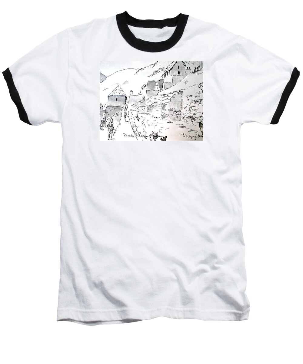 South America Baseball T-Shirt featuring the drawing Machu Picchu by Marilyn Zalatan