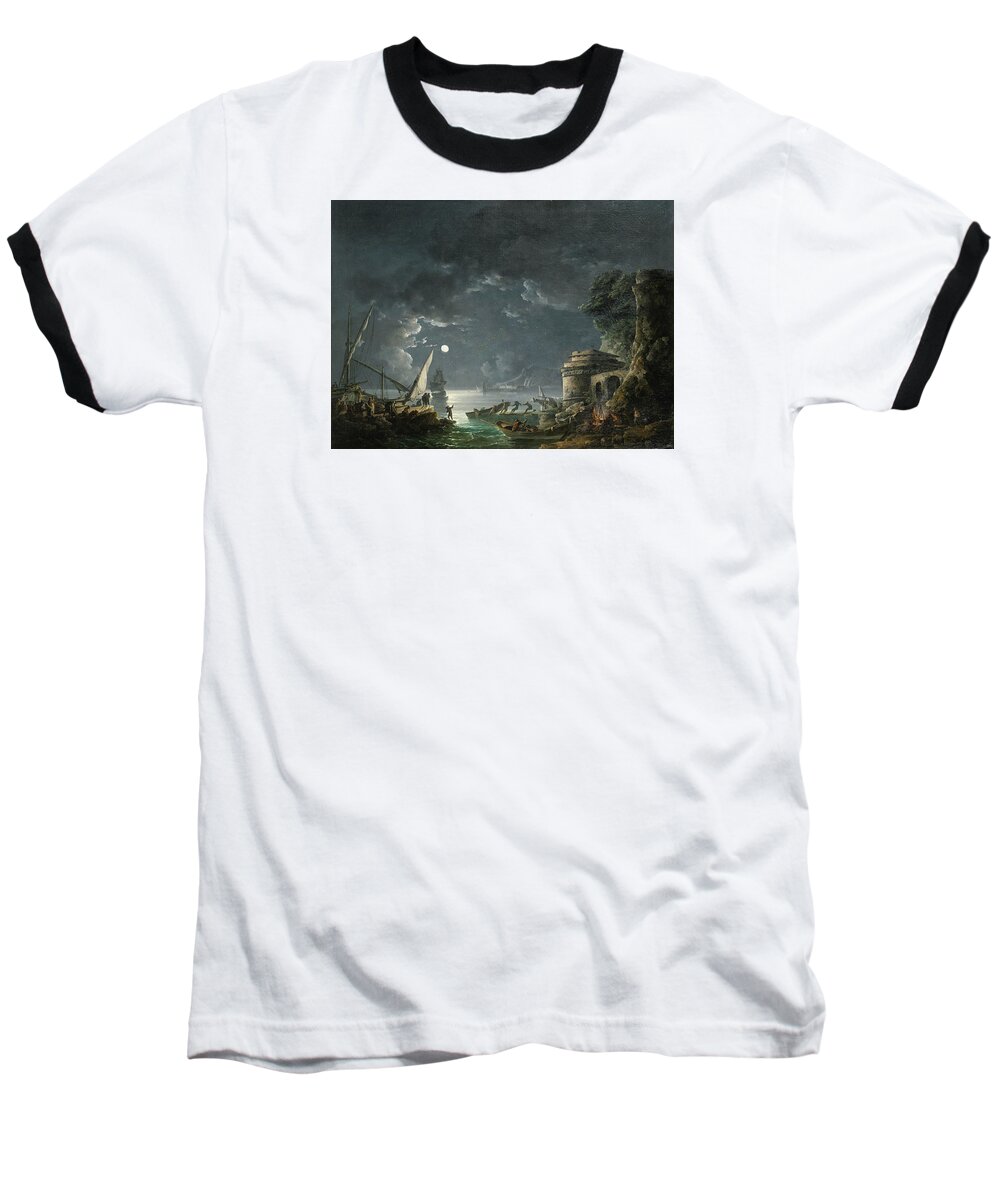 Carlo Bonavia Baseball T-Shirt featuring the painting View of a Moonlit Mediterranean Harbor #1 by Carlo Bonavia