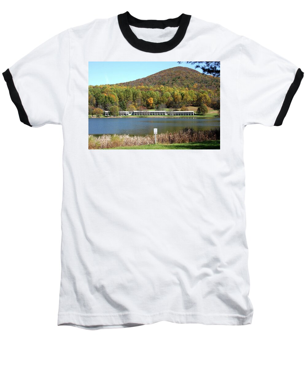 Lake Baseball T-Shirt featuring the photograph View of Peaks of Otter lodge and Abbott Lake in autumn #1 by Emanuel Tanjala