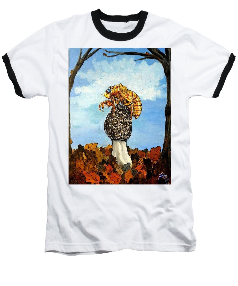 Morel Baseball T-Shirt featuring the painting 17 year Cicada With Morel by Alexandria Weaselwise Busen