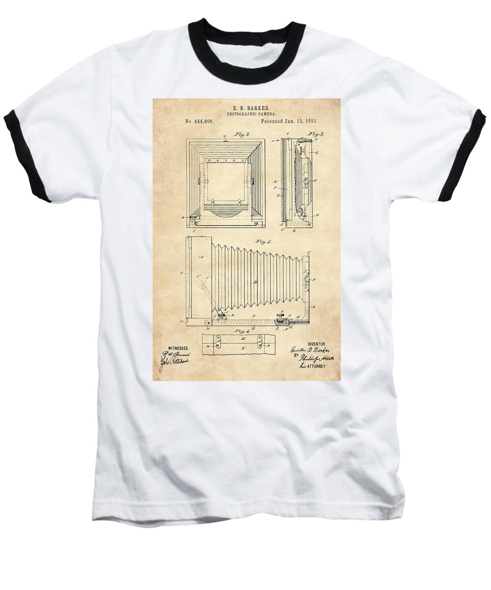 Patent Baseball T-Shirt featuring the digital art 1891 Camera US Patent Invention Drawing - Vintage Tan by Todd Aaron