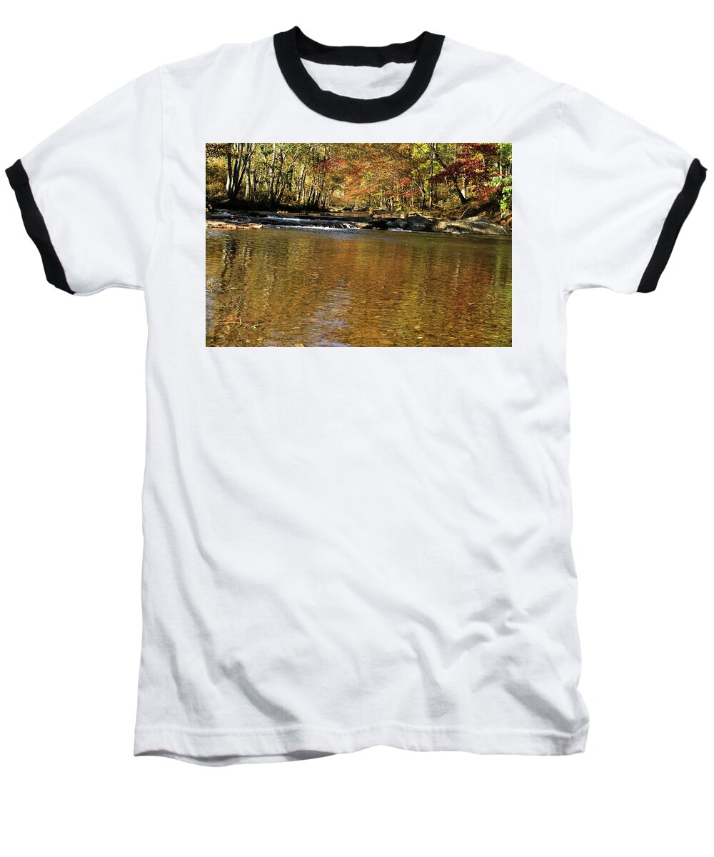 Water Baseball T-Shirt featuring the photograph Creek water flowing through woods in autumn #2 by Emanuel Tanjala