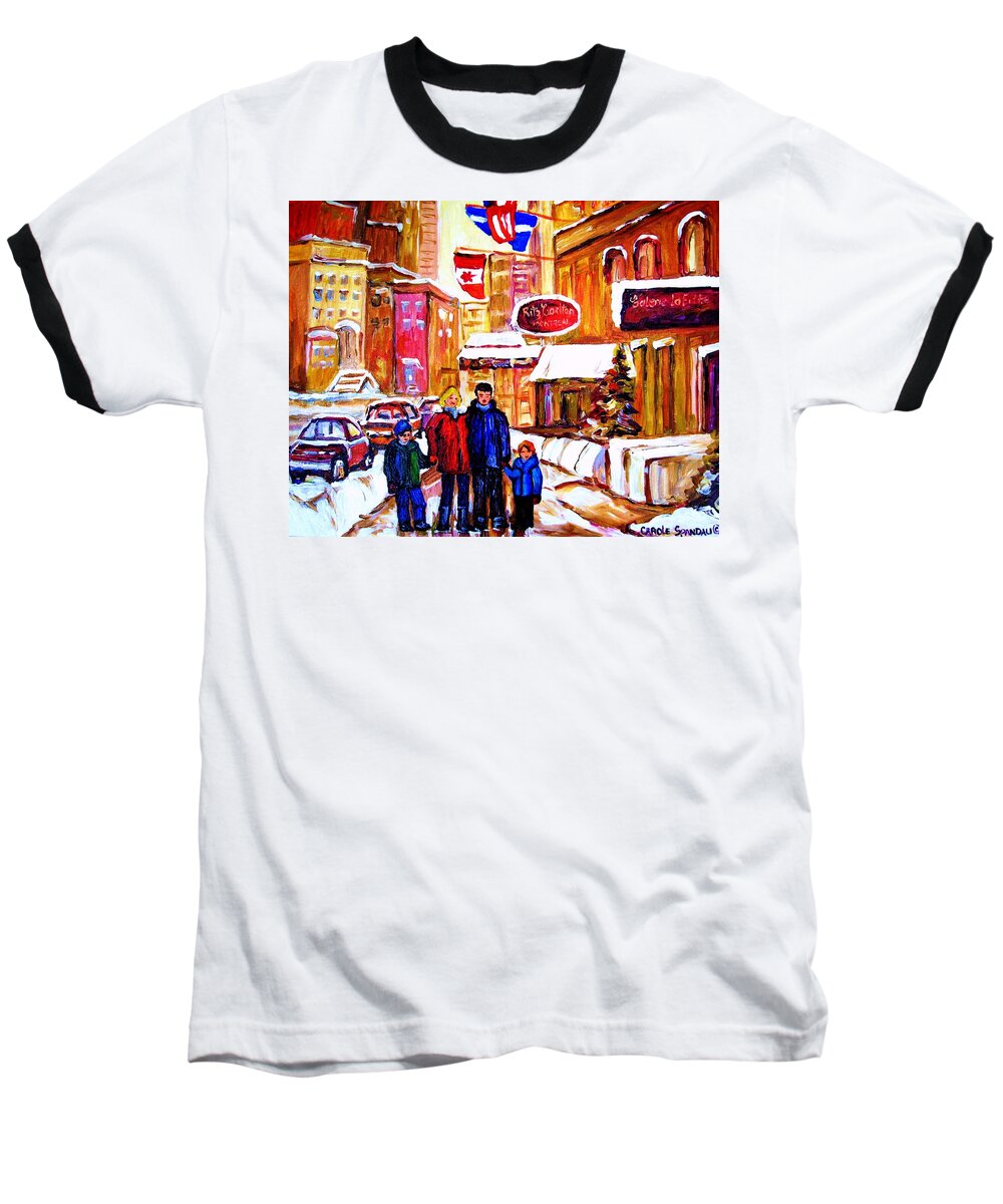 Montreal Baseball T-Shirt featuring the painting Montreal Street In Winter #3 by Carole Spandau