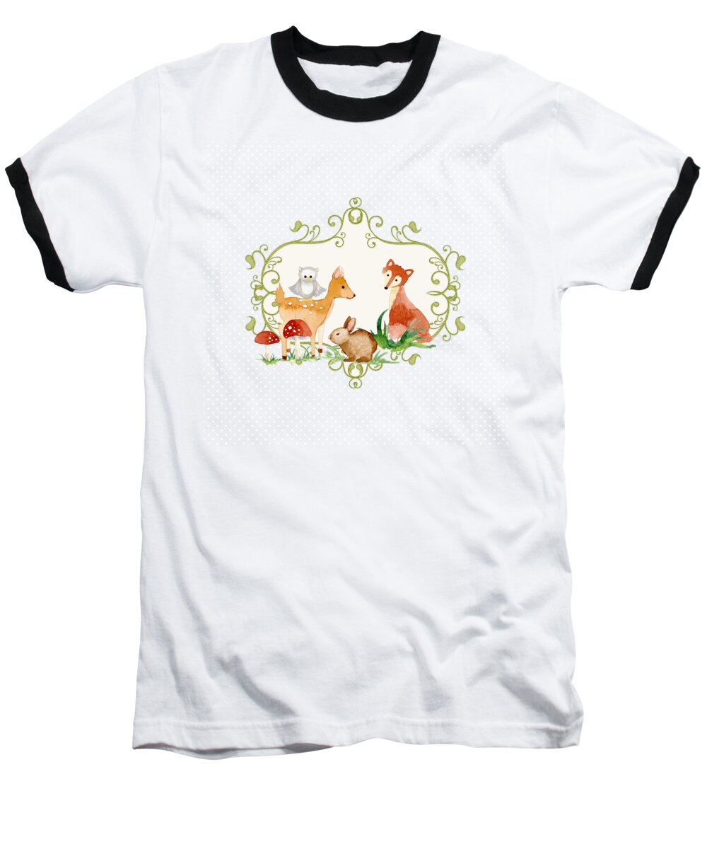 Woodland Baseball T-Shirt featuring the painting Woodland Fairytale - Animals Deer Owl Fox Bunny n Mushrooms #3 by Audrey Jeanne Roberts