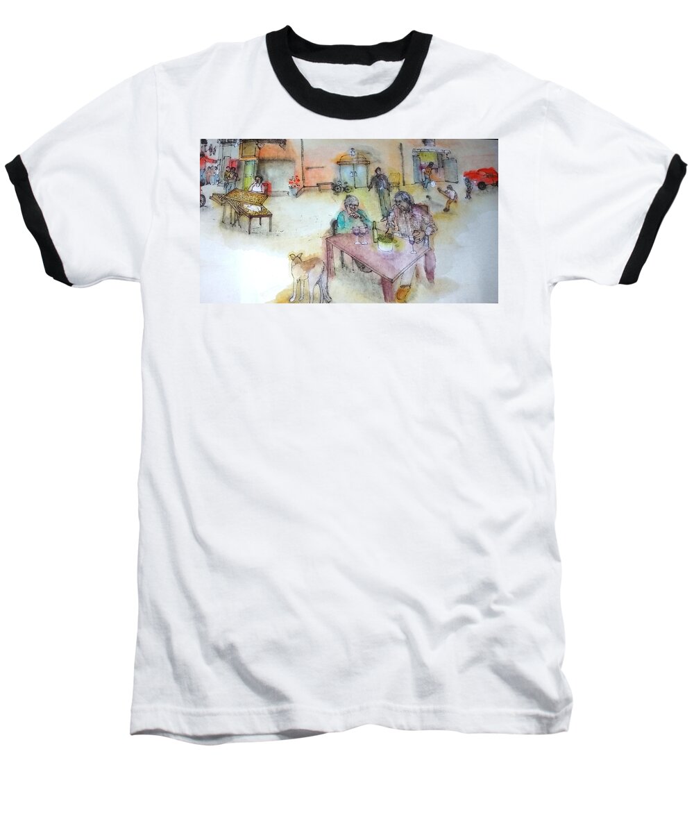 Italy. Cityscape. Figures. Dog. Children Baseball T-Shirt featuring the painting Italy love scroll #5 by Debbi Saccomanno Chan
