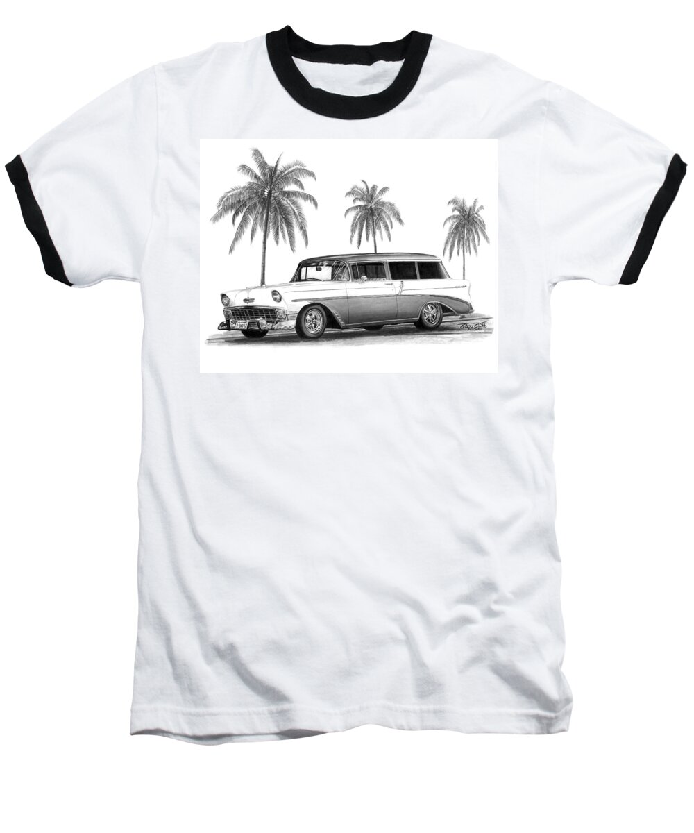 1957 Chevrolet Wagon Baseball T-Shirt featuring the drawing 56 Chevy Wagon by Peter Piatt