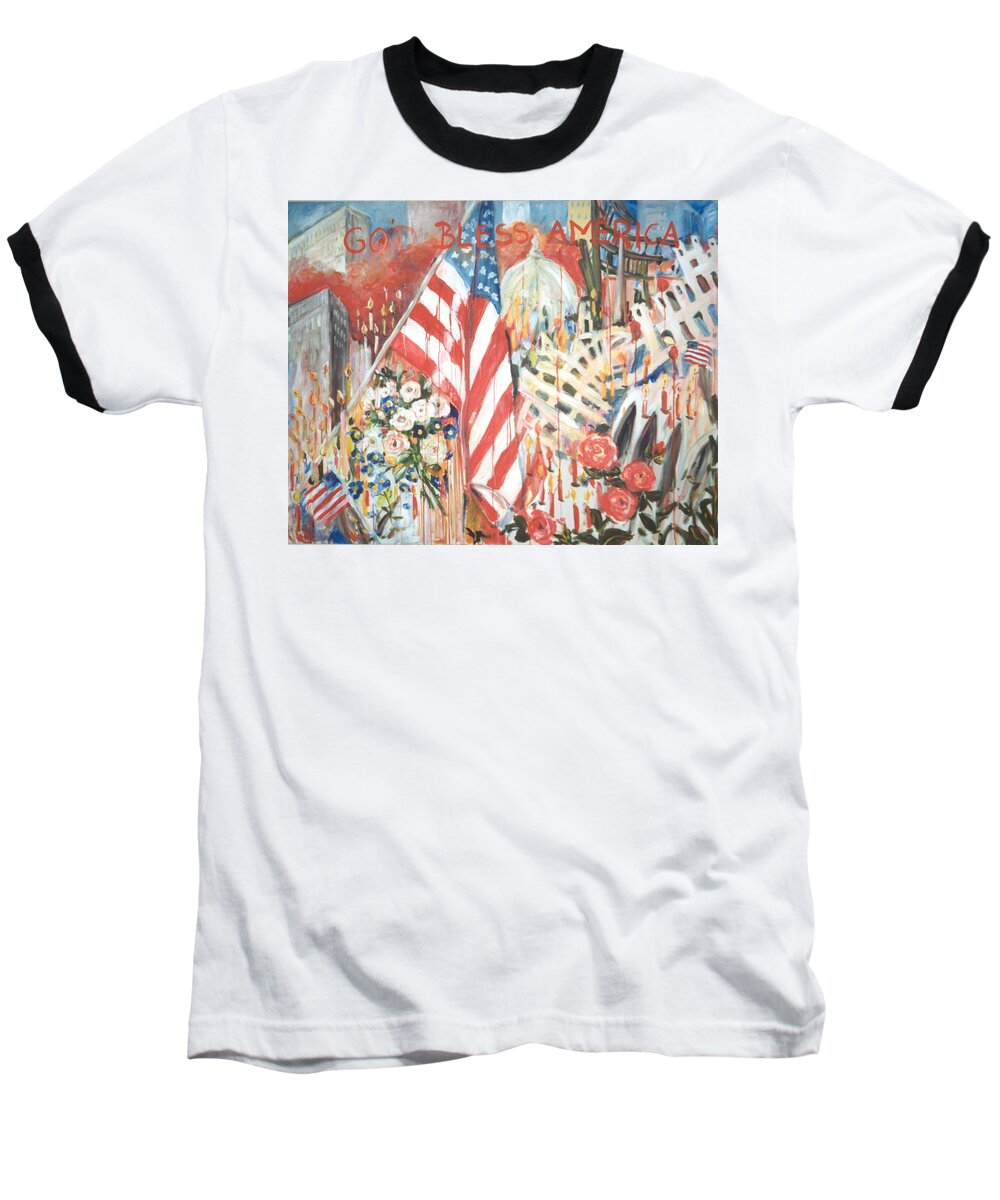 Ingrid Dohm Baseball T-Shirt featuring the painting 9-11 Attack by Ingrid Dohm