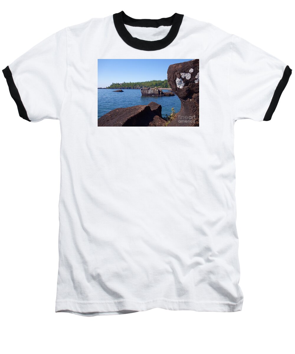 Rugged Rocky Shoreline Baseball T-Shirt featuring the photograph A Superior View by Sandra Updyke