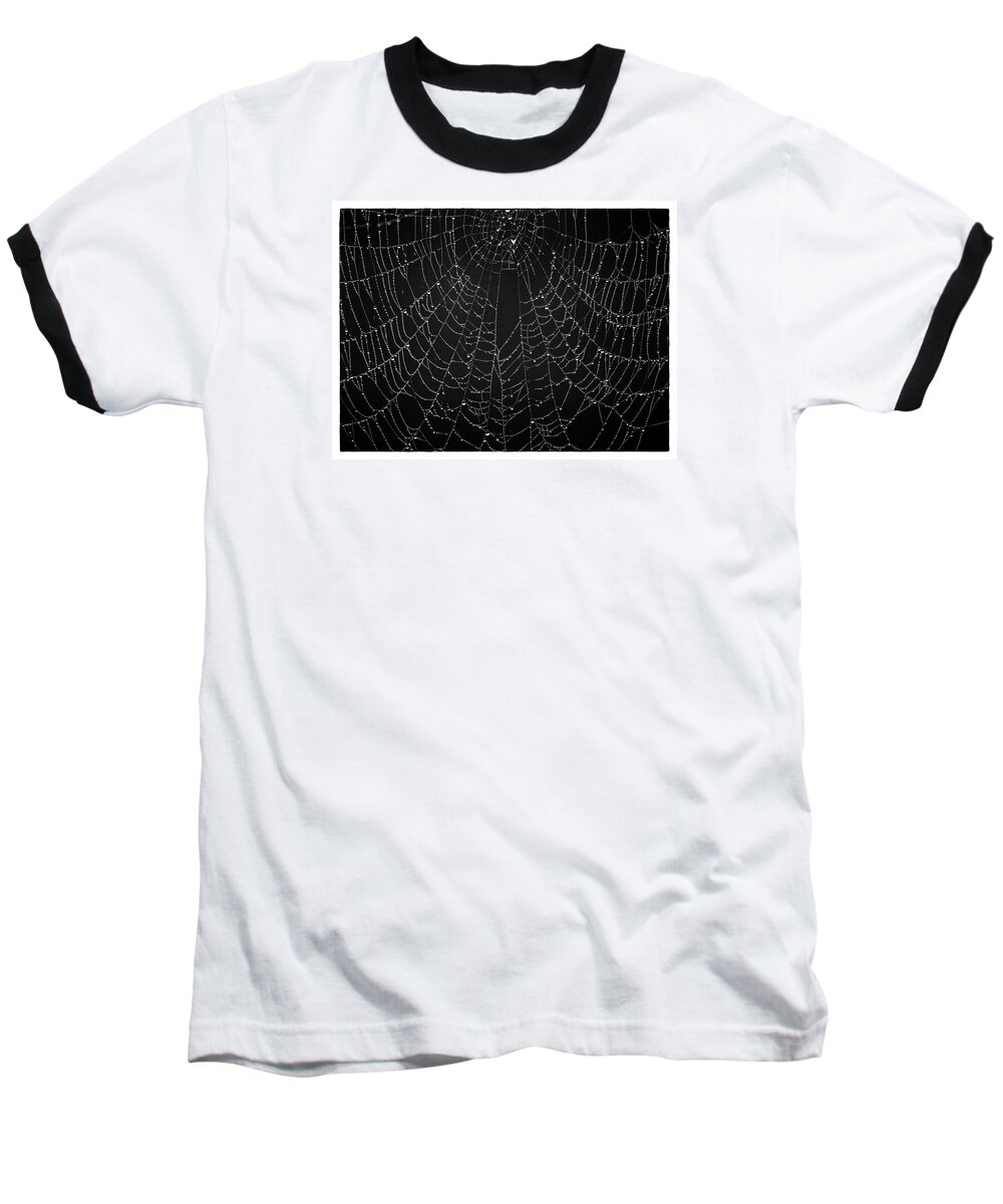 Spider Web Baseball T-Shirt featuring the photograph A Web of Silver Pearls by Gary Karlsen