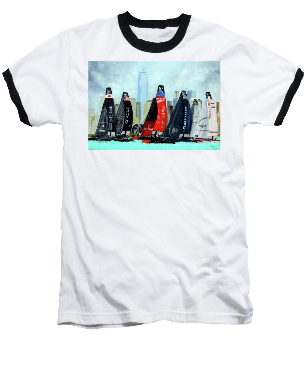 Americas Cup Sailing Race Baseball T-Shirt featuring the painting America's Cup New York City by Leonardo Ruggieri
