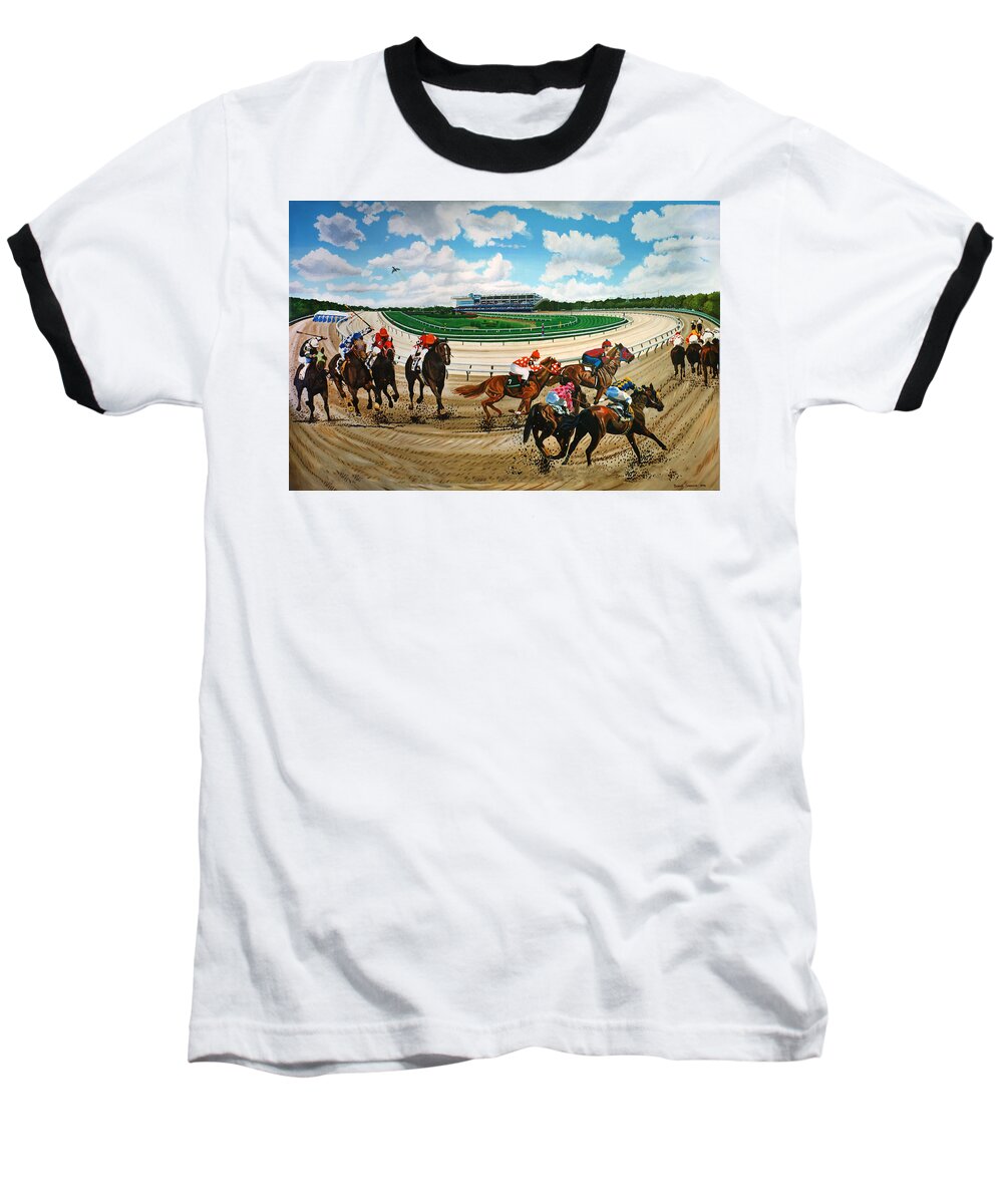 Aqueduct Racetrack Baseball T-Shirt featuring the painting Aqueduct Racetrack by Bonnie Siracusa